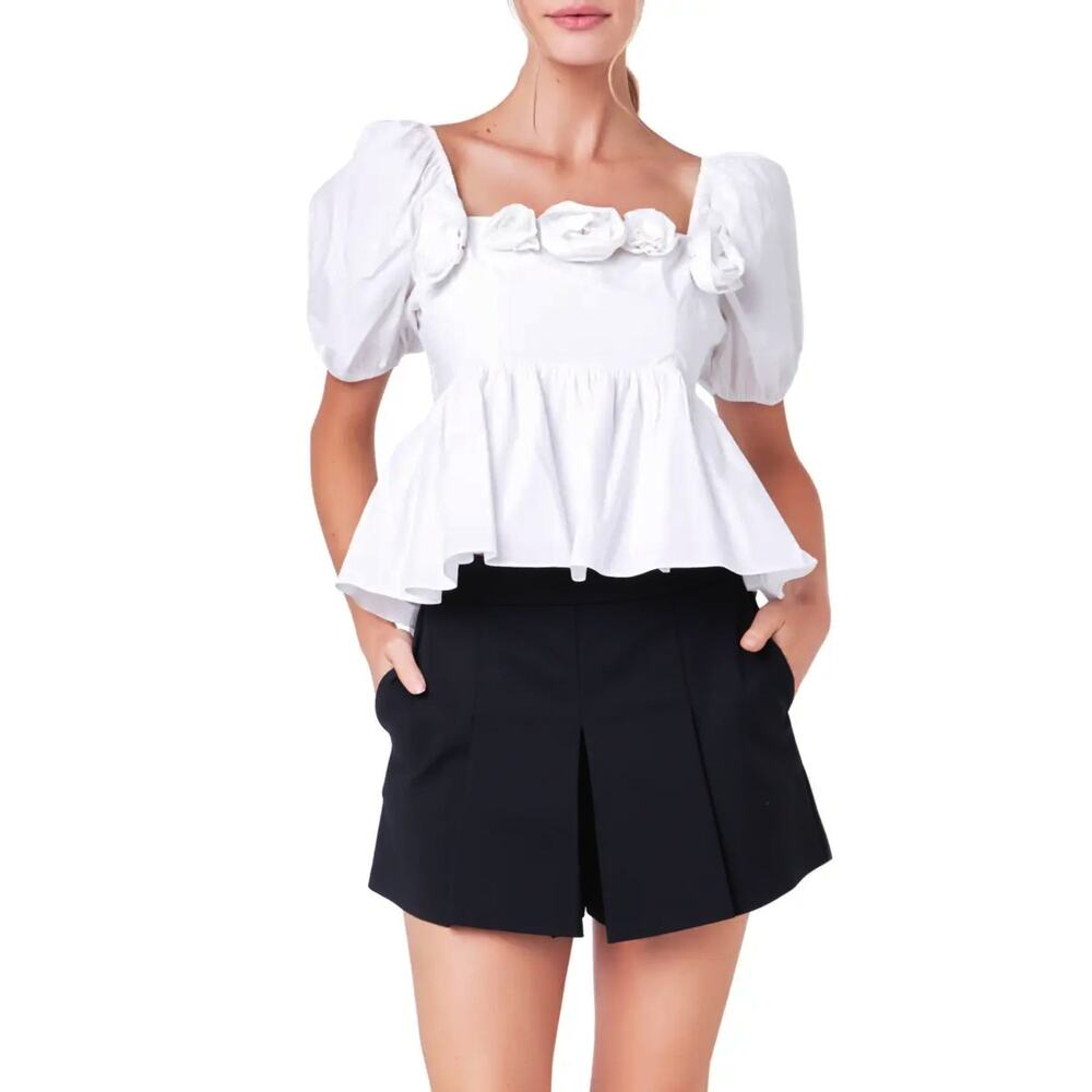 NWT English Factory Rose Applique Square Neck Cotton Ruffle Poplin Top Blouse